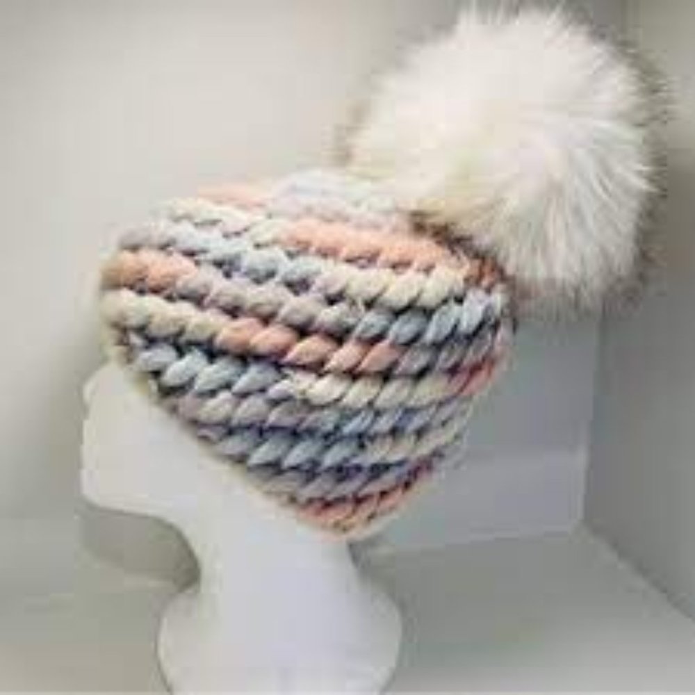 JOCELYN Be Fabulous Faux Fur Pom Beanie Neutral Multi New